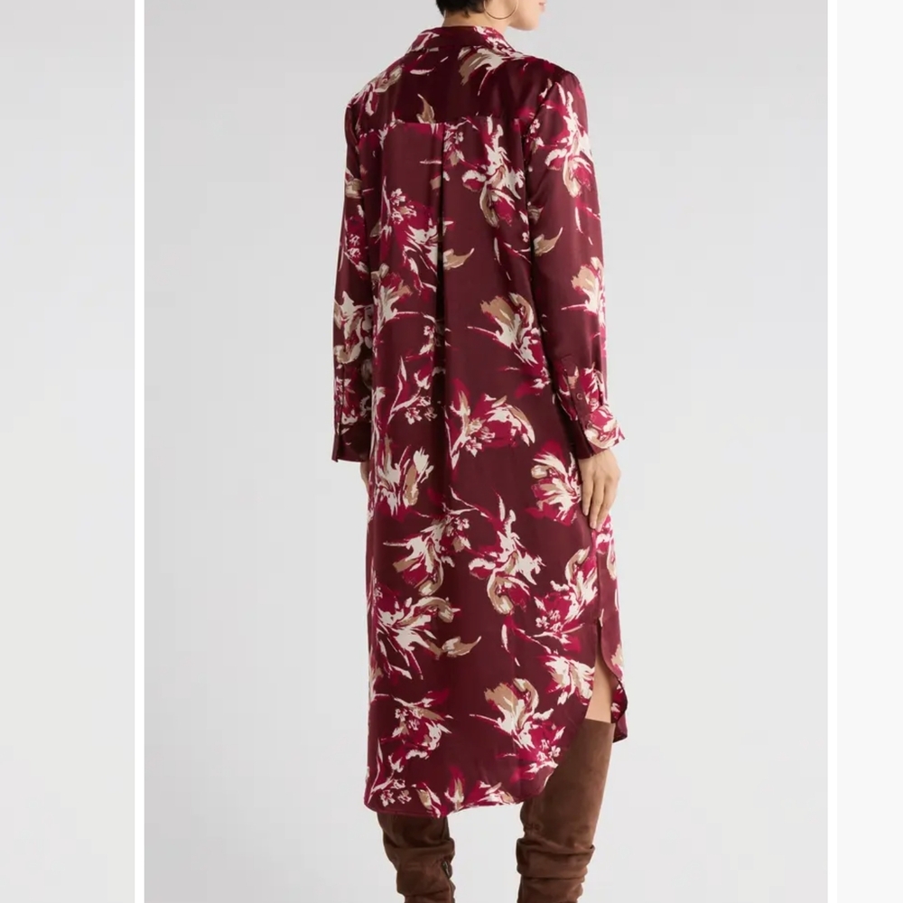 Floral Print Burgundy Long Sleeve Shirt Dress